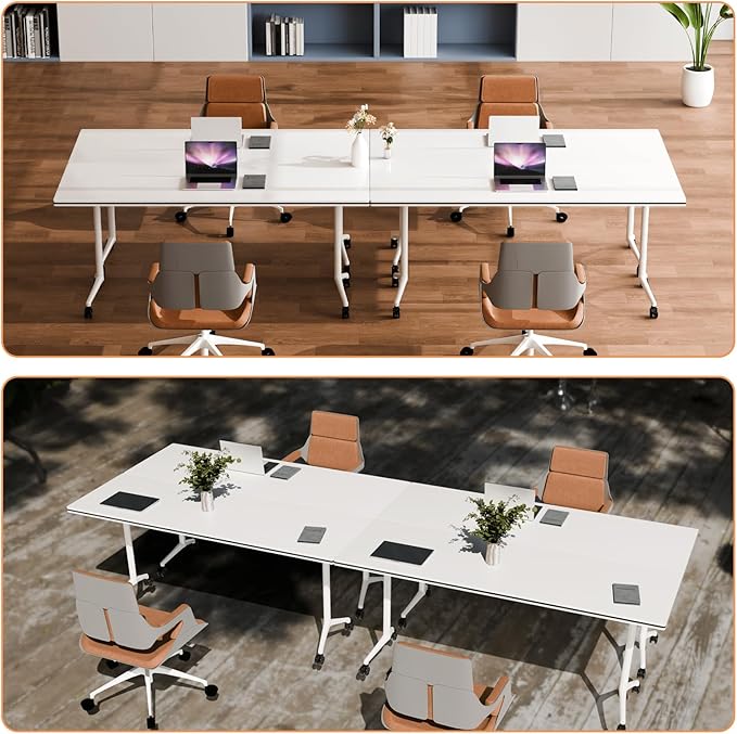 Conference Room Table, 55 Inch Folding Conference Tables with Wheels, Modern Office Meeting Table, Easy Flip & Nest Design, Rectangular Seminar Tables with Metal Frame for 2-24 People(A 8PCS)