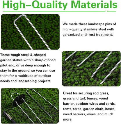 Bakulyor 200Pcs Landscape Staples + 200Pcs Gasket, 6 Inch Garden Stakes Staples 11 Gauge U Shaped Galvanized Lawn Landscape Pins, Heavy Duty Yard Ground Pin for Weed Barrier Sod Fabric Decorations