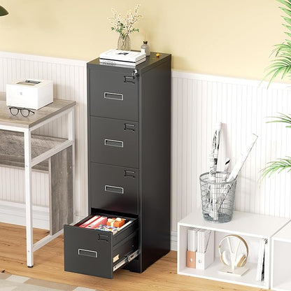 Greenvelly 4 Drawer File Cabinet,Locking Metal Vertical File Cabinet,Office Steel Filing Cabinet for Hanging Letter/Legal Folders,Assembly Required,Black,18" D x 15" W x 52" H