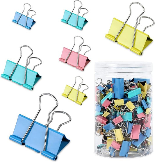 JANYUN 150Pcs Large Binder Clips 6 Assorted Sizes Paper Clamps Clip for Notes Paper Document Organizing Metal Clip Office School Home Supplies (Multicolor)