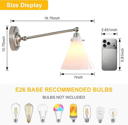 Industrial Vintage Slope Pole Wall Mount Single Sconce with Funnel Flared Clear Glass Shade, Swing Arm Wall Sconce Light Lamp Fixture Hardwired