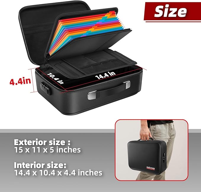 Fireproof Document Box Hard Case With Lock, Multi-Layer Fire Proof Water Resistant Safe Box File Organizer Bag With Small Money Bag for Important Documents Passport Certificates Laptop (Black)