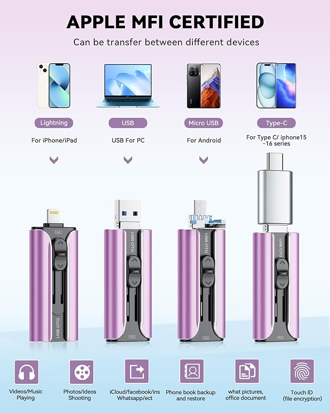 MFi Certified 256GB Flash Drive for iPhone USB Memory Stick Thumb Drive, High Speed USB Stick iPhone Flash Drive for Photos Videos,Photo Stick External Storage for iPhone/iPad/Android/PC (Purple)