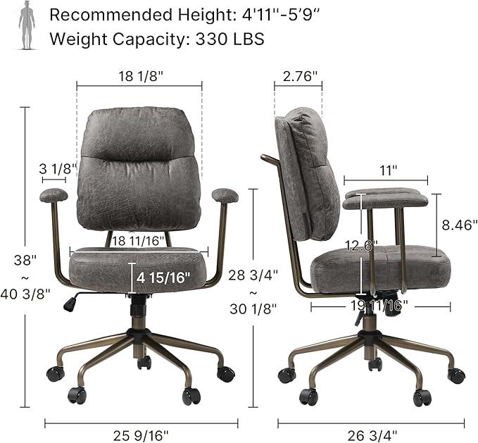 EUREKA ERGONOMIC Becky Home Office Desk Chairs Leather, Comfy Office Chair with Lumbar Support and Arms, Mid-Back, Comfortable Thick Cushion, Height Adjustable, Mid-Century Modern, Gary