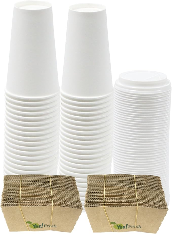 Yes!Fresh Disposable Paper Coffee Cups – To-Go Cups with Lids & Sleeves (Selected Sizes) – For Office, Parties, Home, Travel (White 16 oz 50 count)