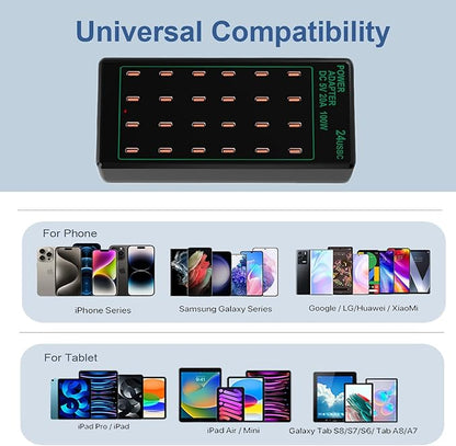 Multi Port USB Charging Station 24 Port 100 watt (20 A), USB Multi Port Charger Station Charging hub USB C Charger Block for Multiple Devices Compatible with Smartphones, Tables, and More Devices