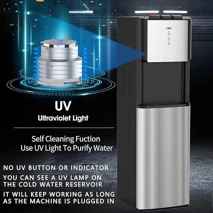 IKT Self-Cleaning Bottom Load Water Cooler Dispenser for 3-5 Gallon Bottle with Child Safety Lock Display Light Stainless Steel