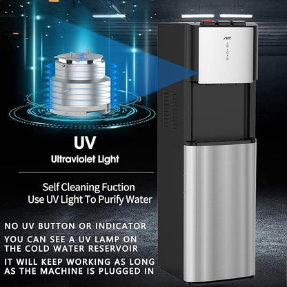 IKT Self-Cleaning Bottom Load Water Cooler Dispenser for 3-5 Gallon Bottle with Child Safety Lock Display Light Stainless Steel