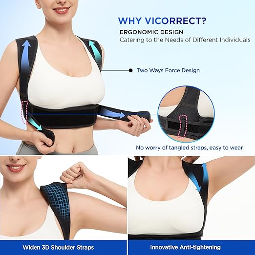 Vicorrect Posture Corrector for Women and Men, Adjustable Upper Back Brace for Clavicle Support and Providing Pain Relief from Neck, Shoulder, and Upper Back (Black, Large/X-Large)