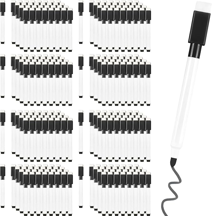 Beieverluck 200 Pieces Magnetic Dry Erase Markers with Eraser Cap Magnet Whiteboard Markers Bulk Fine Tip Dry Erase Pens for Kids Teachers Office School Supplies, Black
