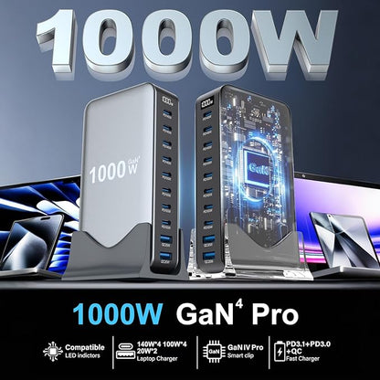 1000W USB C Fast Charger Block, 10 Port USB Charging Station, GaN Ⅳ Pro 140W PD PPS Port for Multiple Devices,Laptop Wall Charger Compatible with DELL, HP, MacBook Pro,iPhone17/16 pro,Galaxy S24.