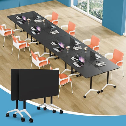 Conference Table Folding Conference Room Tables, Modern Mobile Meeting Training Table with Silent Wheels, Foldable Seminar Table for Offices, Classrooms, Libraries (2, Black, 55.1in)