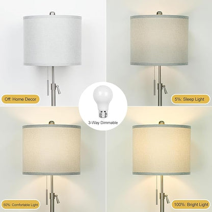 Brushed Nickel Floor Lamp for Living Room, Adjustable Height Standing Lamp with Metal Base, Tall Pole Light with Grey Shade for Bedroom, 8W 4000K 3-Way LED Bulb Included (Brushed Nickel, Grey Shade)