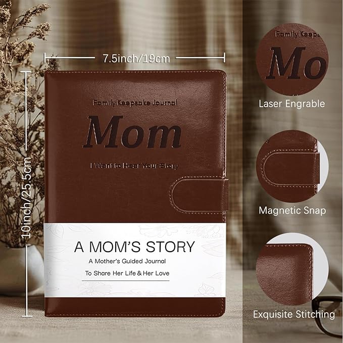 Artmag Mom's Life Story Journal with 250+ Prompt Questions, Family Keepsake Book Leather Cover for Mom to Share Her Memories for Birthday Mother's Day Christmas (Brown)