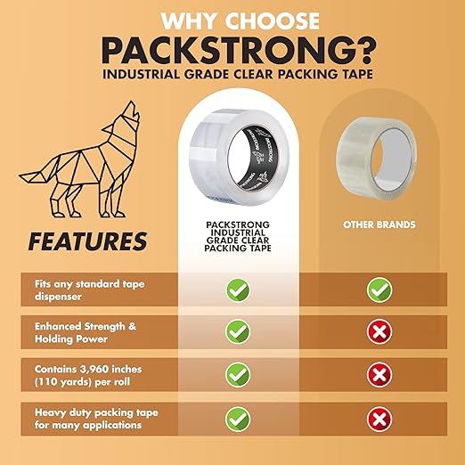 Packstrong Industrial Grade Clear Packing Tape 60 Rolls - 110 Yards per Roll - 3" Wide x 2.0 mil Thick, Acrylic Adhesive Heavy Duty Tape for Box Office Moving Packaging Shipping
