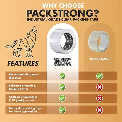 Packstrong Industrial Grade Clear Packing Tape 36 Rolls - Extra Strong - 110 Yards per Roll - 2" Wide x 3.1 mil Thick, Acrylic Adhesive Heavy Duty Tape
