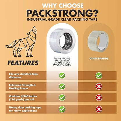 Packstrong Industrial Grade Clear Packing Tape 12 Rolls - 110 Yards per Roll - 2" Wide x 2 mil Thick, Acrylic Adhesive Tape for Box Office Moving Packaging Shipping