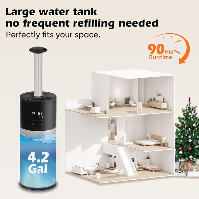 Large Room Humidifier 16L/4.2Gal - Whole House Ultrasonic Cool Mist for Home 1500 sq.ft, Bedroom Use with Extension Tube & Night Light