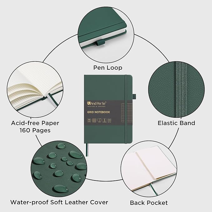 160 Pages, A5 5.7 x 8 inches 100 gsm Thick Paper Notebook Journals for Writing, Grid Hardcover Notebook(1 Pack, green)