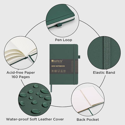 160 Pages, A5 5.7 x 8 inches 100 gsm Thick Paper Notebook Journals for Writing, Grid Hardcover Notebook(1 Pack, green)