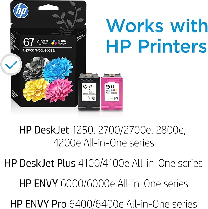 HP 67 Black/Tri-Color Ink Cartridges (2-Pack) | Works with DeskJet 1255, 2700, 4100, Envy 6000, 6400 | Instant Ink Eligible | 3YP29AN | Packaging May Vary