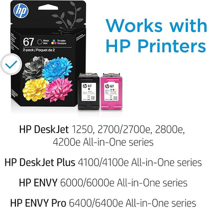 HP 67 Black/Tri-Color Ink Cartridges (2-Pack) | Works with DeskJet 1255, 2700, 4100, Envy 6000, 6400 | Instant Ink Eligible | 3YP29AN | Packaging May Vary