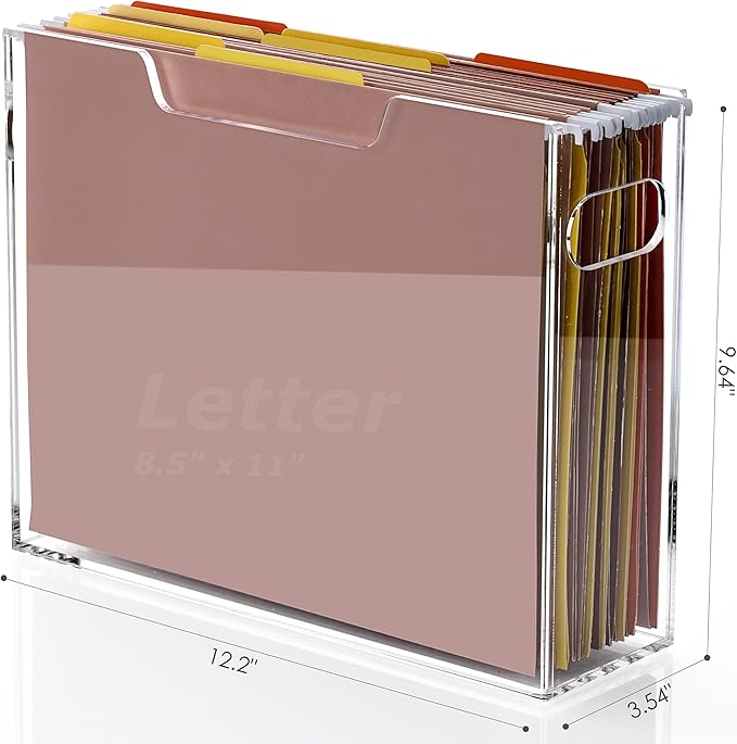 DINGHUO Acrylic File Organizer Box Letter Size Hanging File Organizer, Clear Folder Holder Portable File Box with Handle, Storage Filing Organizer for Desk, Office, School - 1 Pack