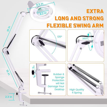 10X Magnifying Glass with Light and Stand, NUEYiO 2200 Lumens Stepless Dimming LED Magnifier Lamp, Adjustable Swing Long Arm Magnifying Light, Hands Free Craft Lamp for Projects Soldering Workbench