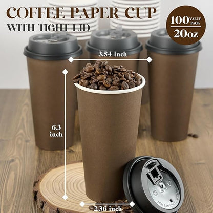 LITOPAK 100 Pack 20 oz Disposable Paper Coffee Cups with Lids for Coffee, Water, Juice, or Tea, Brown Hot Paper Cups for Home, Restaurant, Store, and Cafe