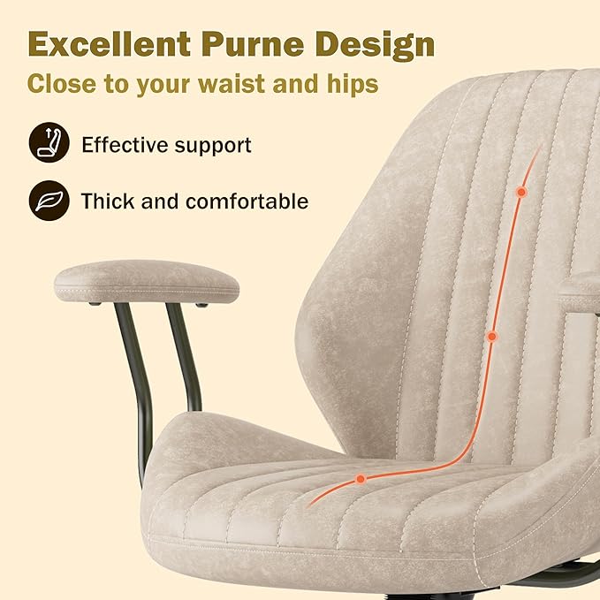 Home Office Desk Chair Adjustable Height, Ergonomic Executive Office Chair with Armrests, Rolling Comfy Desk Chair with Lumbar Support, Mid Century Modern, Beige
