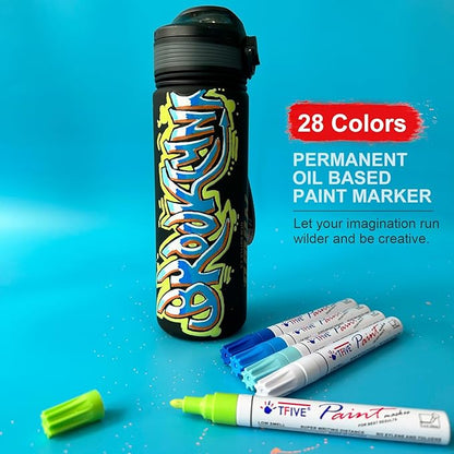 TFIVE Paint Markers Pens Set, 28 Color Oil-Based Permanent Paint Marker, Medium Tip, Quick Dry and Waterproof Pen for Rock Painting, Ceramic, Wood, Fabric, Plastic, Canvas, Glass, Mugs