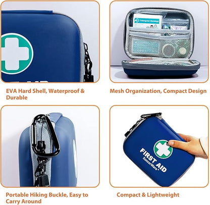 150 Pieces Mini First Aid Kit - Small Medical Kit with Hard Shell - Emergency First Aid Kit for Car, Travel, Home, Outdoor, Office, Camping, Hiking (Blue)