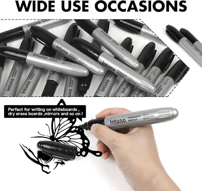 Jumo Permanent Markers, 60 Count Black, Chisel tip, Oil-Based Permanent Markers, Waterproof and Fade-Resistant, for Paper, Wood, Metal, Glass and More