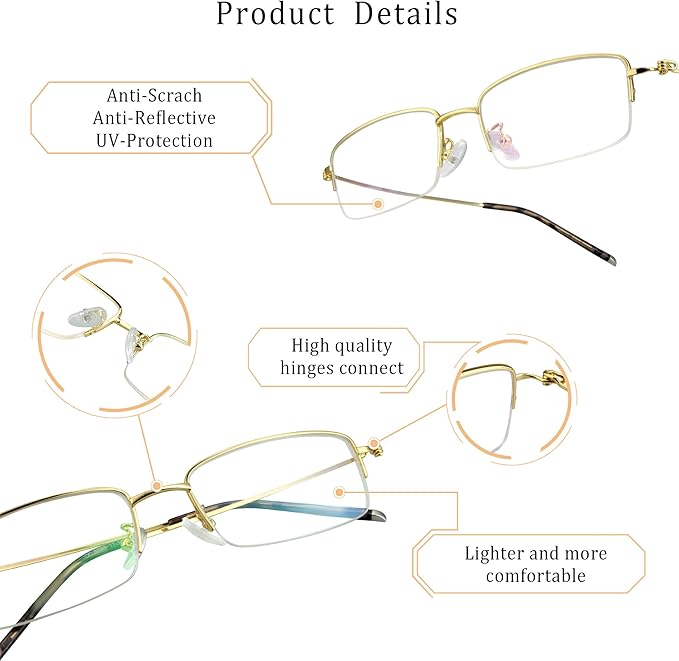 LifeArt Alloy Semi-Rimless Reading Glasses,Blue Light Blocking Glasses, Anti Eyestrain, Computer Gaming Glasses, TV Glasses for Women Men, Anti Glare (Golden, +1.00 Magnification)