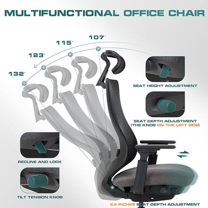COLAMY Ergonomic Office Chair, High Back Office Executive Desk Chair, Mesh Office Chair Lumbar Support with Adjustable Headrest and 4D Arms, Slide Seat, Tilt Lock-Darkgrey
