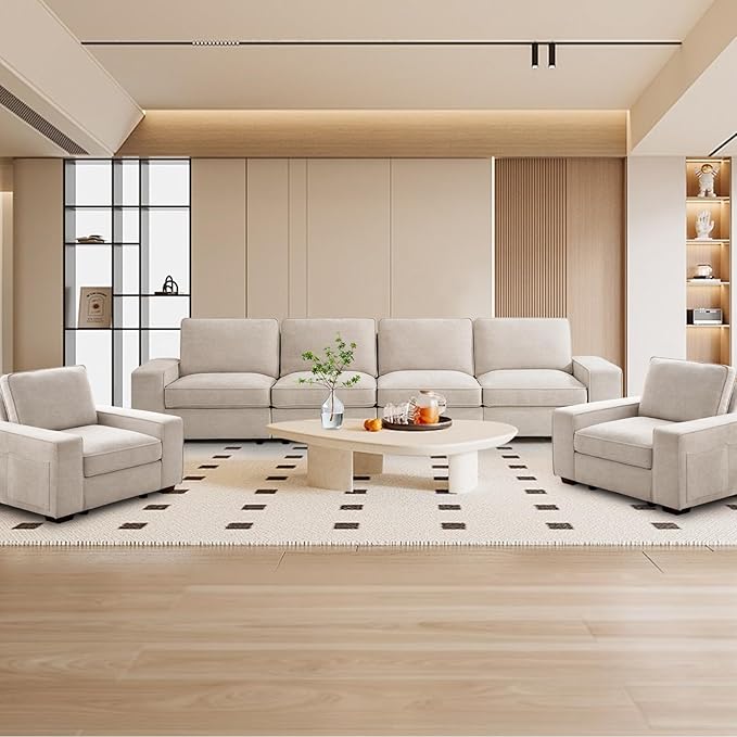 TEKAMON 128" Modular Sofa Couch with Large Seats Storage, Chenille Sofa， Modern Comfy 4-Seater Couch for Living Room, Office, Apart W/Deep Seat, Wide Armrest, Side Pockets, USB Port, Removable Cover