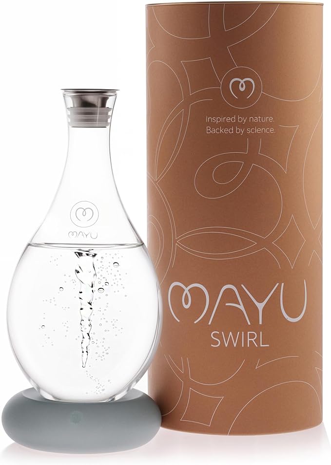MAYU Swirl Structured Water Carafe - Innovative Vortex Technology Handblown Pitcher. Post Reverse Osmosis Filter Aerating Water Dispenser Stand 1.5 Liter| 51 Oz Dining Glass Jug Design (Dolomite Base)