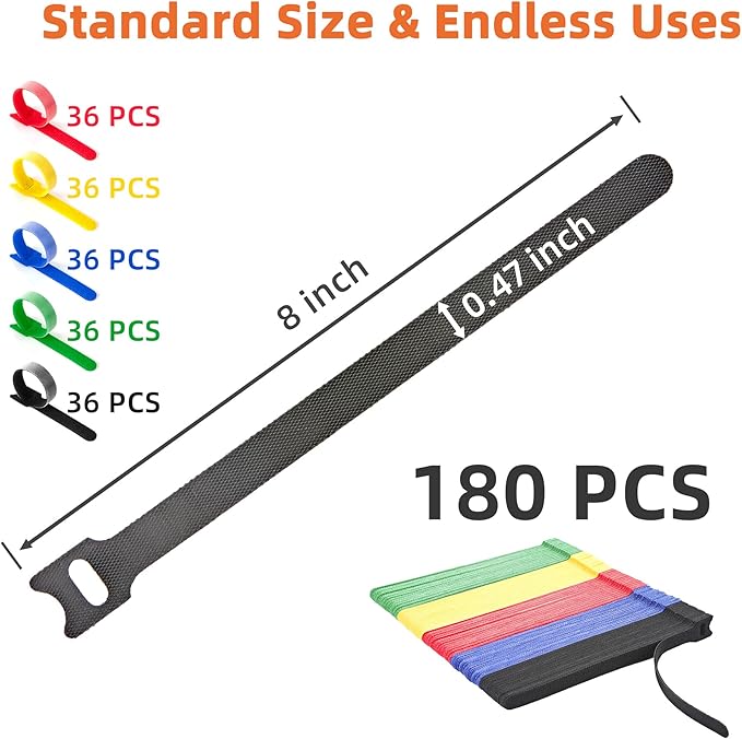 180 PCS Reusable Cable Ties with Hook and Loop, Multi-purpose Adjustable 8 Inch Cable Management Wire Ties Cable Straps for Organizing Home, Office and Data Centers (Multicolored)