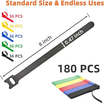 180 PCS Reusable Cable Ties with Hook and Loop, Multi-purpose Adjustable 8 Inch Cable Management Wire Ties Cable Straps for Organizing Home, Office and Data Centers (Multicolored)