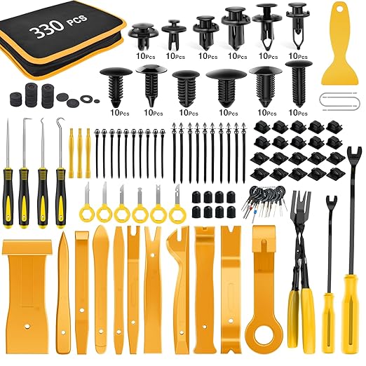 GOOACC 330Pcs Trim Removal Tool, Auto Push Pin Bumper Retainer Clip Set Fastener Terminal Remover Tool Adhesive Cable Clips Kit Car Panel Radio Removal Auto Clip Pliers, Yellow