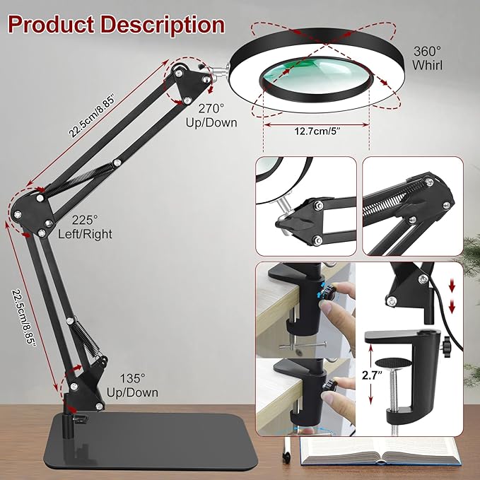12X Magnifying Glass with Light and Clamp, Real Glass Stand Lighted Magnifier, 5 Color Modes Stepless Dimmable LED Desk Lamp Hands Free for Crafts Hobby Reading Painting Sewing Close Work