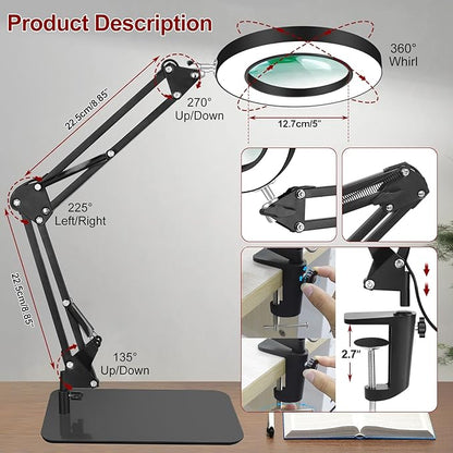 12X Magnifying Glass with Light and Clamp, Real Glass Stand Lighted Magnifier, 5 Color Modes Stepless Dimmable LED Desk Lamp Hands Free for Crafts Hobby Reading Painting Sewing Close Work