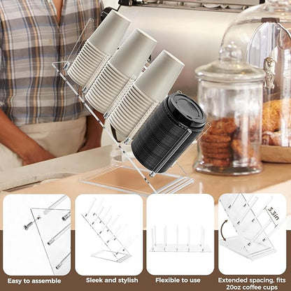 Acrylic Cup and Lid Holder, Adjustable Coffee Cup Holder Organizer Disposable Cup Dispenser Stand Countertop for Coffee Bar Station Bakery Breakroom 4 Compartment