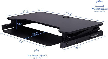 Rocelco 37.5" Deluxe Height Adjustable Standing Desk Converter with Anti Fatigue Mat BUNDLE - Quick Sit Stand Up Computer Workstation Riser - Large Retractable Keyboard Tray - Black (R DADRB-MAFM)