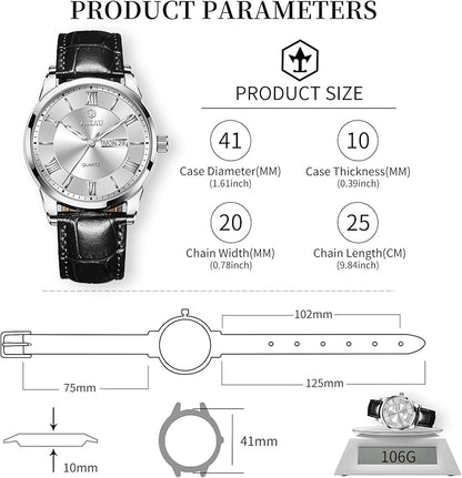 Men's Watch Big Face Easy Read Arabic Numeral Dress Watches for Men Classic Black Brown Leather Band Analog Mens Wrist Watch with Day and Date Fashion Business Waterproof Luminous Quartz Watch