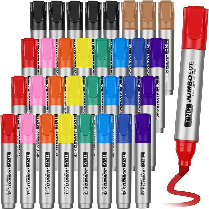Fuutreo 32 Pcs Jumbo Permanent Markers Bulk Large Chisel Tip Permanent Markers Waterproof Jumbo Pens Quick Drying Office Teacher Supplies (Multicolor)