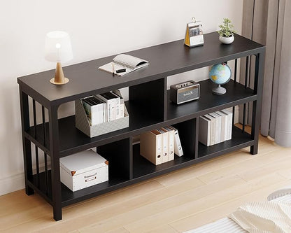 IBF 55“ Black Bookshelf, Industrial Open Horizontal Cube Book Shelf, Low Wide Home 5 Cube Storage Organizer Long Shelf for Bedroom, Wood and Metal Cubby Bookcase for Living Room, Black Oak, 55 inch