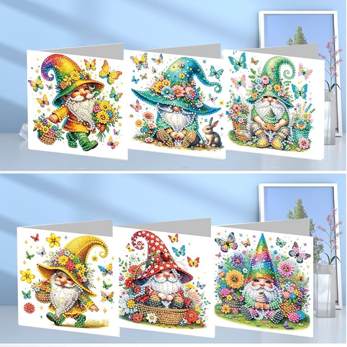 6pcs DIY Gnome Butterfly Diamond Art Painting Greeting Cards Kit, Rhinestone Art Holiday Birthday Card Set with Envelopes, DIY Festival Craft for Girlfriend, Christmas Valentine Gift Making Supplies