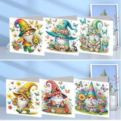 6pcs DIY Gnome Butterfly Diamond Art Painting Greeting Cards Kit, Rhinestone Art Holiday Birthday Card Set with Envelopes, DIY Festival Craft for Girlfriend, Christmas Valentine Gift Making Supplies