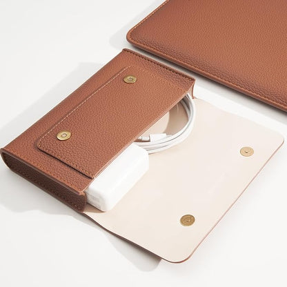 PU Leather Padded Laptop Sleeve Bag 14Inch Compatible with New MacBook Pro 14, Surface Laptop 13.5, Old MacBook Pro 13 with Charger Pouch Color Brown